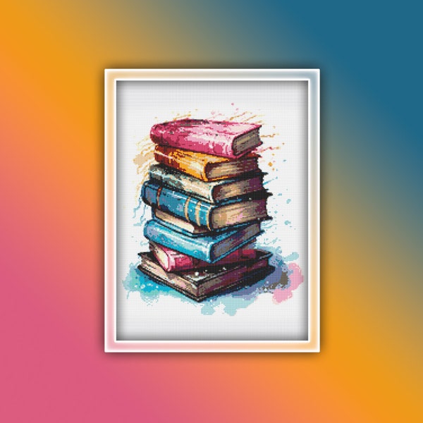 Books Cross Stitch Pattern 2 Instant PDF Download - Book Watercolor Cross Stitch Pattern - Reading Cross Stitch