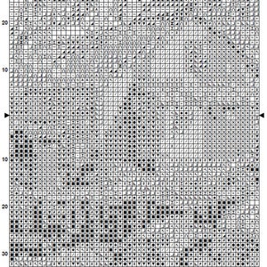 May include: A black and white cross stitch pattern chart for a counted cross stitch project. The chart is divided into a grid with numbers along the top and side. The chart shows a variety of symbols, including squares, circles, and triangles, representing different colours of thread.