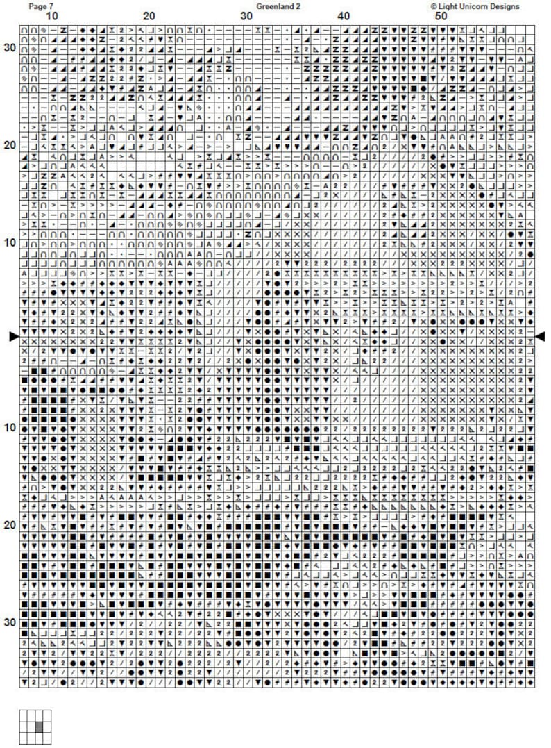 May include: A black and white cross stitch pattern chart for a counted cross stitch project. The chart is divided into a grid with numbers along the top and side. The chart shows a variety of symbols, including squares, circles, and triangles, representing different colours of thread.