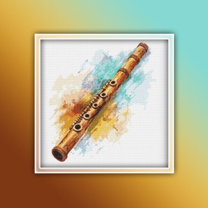 Könnte beinhalten: Eine Holzflöte mit brauner und goldener Oberfläche, vor einem Aquarellhintergrund in Blau, Grün und Gelb.