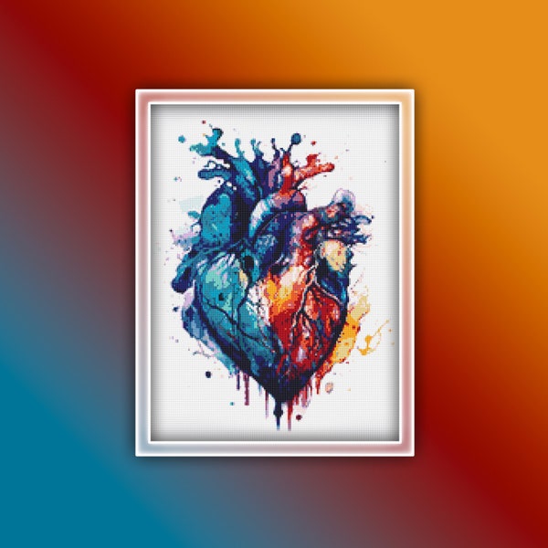 Anatomy Heart Cross Stitch Pattern 6 Instant PDF Download - Heart Watercolor Cross Stitch Pattern - Human Heart