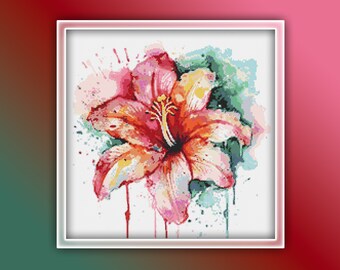 Patrón de punto de cruz de flor de Amaryllis 3 Descarga instantánea en PDF - Patrón de punto de cruz de acuarela de flor de Amaryllis