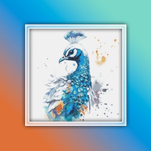 Peacock Cross Stitch Pattern 28 Instant PDF Download - Peacock Watercolor Cross Stitch Pattern - Bird Cross Stitch Pattern