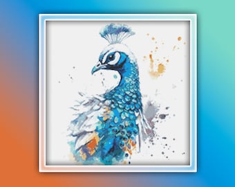 Peacock Cross Stitch Pattern 28 Instant PDF Download - Peacock Watercolor Cross Stitch Pattern - Bird Cross Stitch Pattern