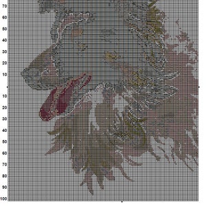 Op de afbeelding: Een kruissteekpatroon van een Border Collie hond met bruine, zwarte en witte vacht. Het patroon is op een raster met nummers en lijnen om te helpen met het naaien.