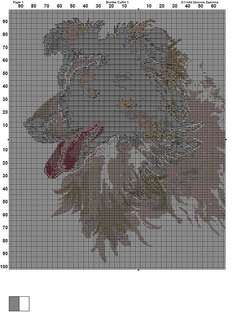 Op de afbeelding: Een kruissteekpatroon van een Border Collie hond met bruine, zwarte en witte vacht. Het patroon is op een raster met nummers en lijnen om te helpen met het naaien.
