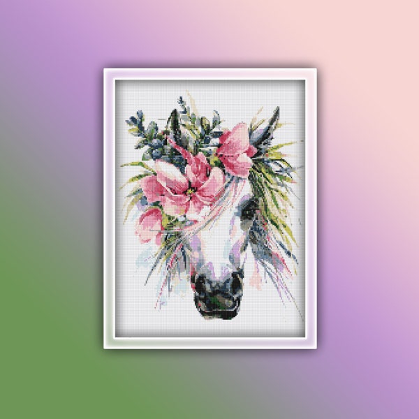 Horse Cross Stitch Pattern 8 Instant PDF Download - White Horse Watercolor Cross Stitch Pattern - Animal Cross Stitch Pattern