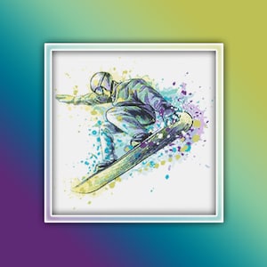 May include: A colorful illustration of a snowboarder in mid-air, with a splash of watercolor paint behind them. The snowboarder is wearing a helmet and goggles, and is holding a snowboard.
