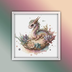May include: A small, pink and green dragon sits on a brown egg surrounded by flowers and greenery. The dragon has a light pink body with green scales and a light green head with pink eyes.