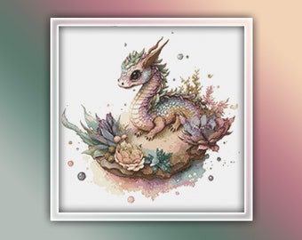 Dragon Cross Stitch Pattern 2 Instant PDF Download - Kids Room Watercolor Cross Stitch Pattern - Baby Dragon Watercolor Cross Stitch Pattern