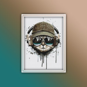 May include: A digital illustration of a cat wearing sunglasses and a baseball cap, listening to music with headphones. The cat is surrounded by a white background with black paint splatters.