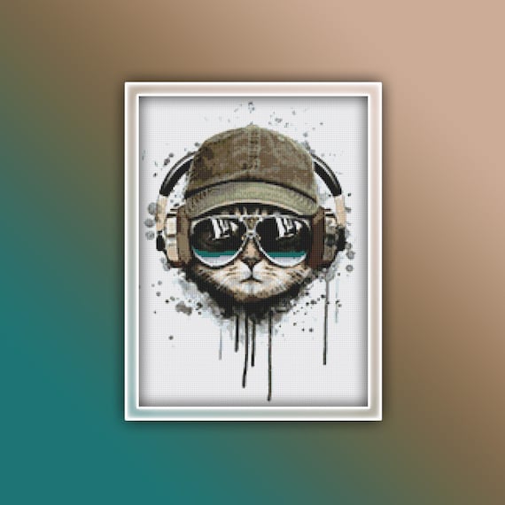 Musical Cat Cross Stitch Pattern 1 Instant PDF Download - Cat Watercolor Cross Stitch Pattern - Kitty Wearing Sun Glasses Cross Stitch
