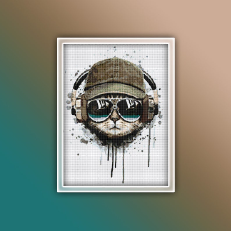 May include: A digital illustration of a cat wearing sunglasses and a baseball cap, listening to music with headphones. The cat is surrounded by a white background with black paint splatters.