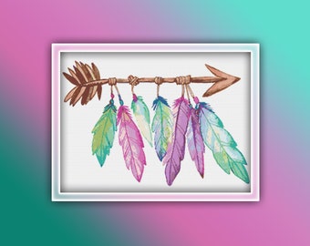Boho pijl en veren kruissteekpatroon Instant PDF downloaden - pijlen aquarel kruissteekpatroon - Boho kruissteekpatroon