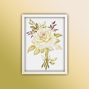 White Rose Cross Stitch Pattern 14 Instant PDF Download | Rose Watercolor Cross Stitch Pattern | White Roses Bouquet | Golden Leaf |