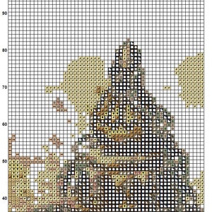 Op de afbeelding: Een kruissteekpatroon voor een magische lamp met een kleurenschema in bruin, beige en geel. Het patroon bevindt zich op een raster met nummers en letters ter referentie. Het patroon is van Light Unicorn Designs.