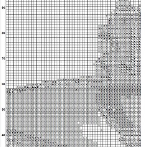 May include: Black and white cross stitch pattern chart for a green tea design. The chart is on a grid with numbers 30 to 70 along the top and 40 to 90 along the side. The design is of a stylized teacup with a tea bag and steam coming from the cup.
