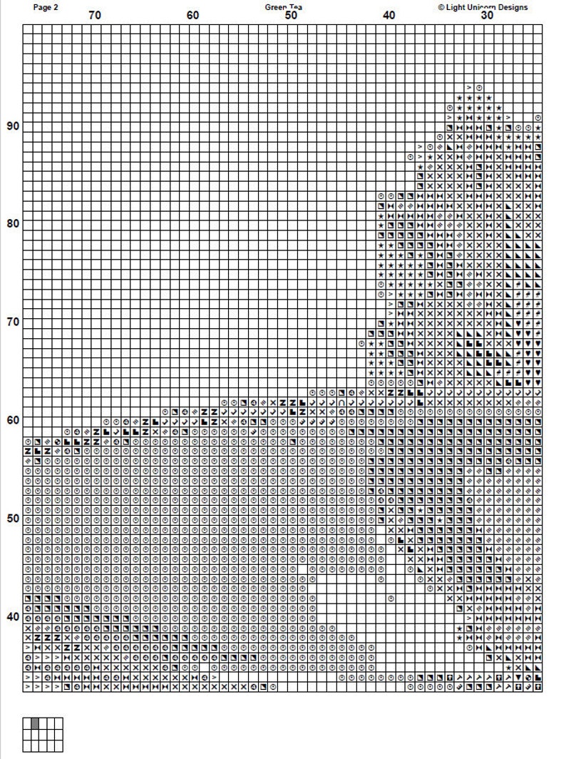May include: Black and white cross stitch pattern chart for a green tea design. The chart is on a grid with numbers 30 to 70 along the top and 40 to 90 along the side. The design is of a stylized teacup with a tea bag and steam coming from the cup.