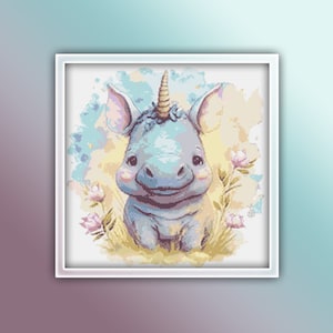 Rhino Cross Stitch Pattern 11 Instant PDF Download - Rhinoceros Watercolor Cross Stitch Pattern - Baby Rhino Cross Stitch Pattern
