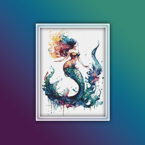 Mermaid Cross Stitch Pattern 1 Instant PDF Download - Woman Watercolor Cross Stitch Pattern - Mermaid