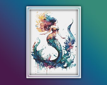 Mermaid Cross Stitch Pattern 1 Instant PDF Download - Woman Watercolor Cross Stitch Pattern - Mermaid