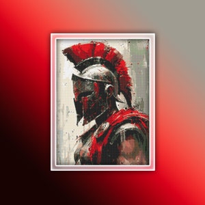 May include: A close-up of a warrior wearing a red and silver helmet with a red plume. The warrior is looking to the side and has a determined expression on their face.