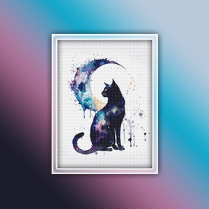 黒猫のクロスステッチ パターン 1 インスタント PDF ダウンロード - 黒猫の水彩画のクロスステッチ パターン - 動物のクロスステッチ パターン