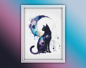 Black Cat Cross Stitch Pattern 1 Instant PDF Download - Black Cat Watercolor Cross Stitch Pattern - Animal Cross Stitch Pattern