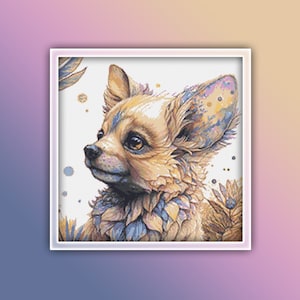 May include: A close-up of a small, tan chihuahua with blue and purple floral details. The dog is looking to the left of the image.