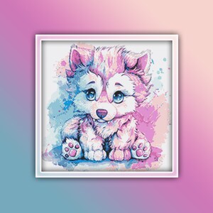 May include: A cute cartoon illustration of a pink and white puppy sitting on a blue and pink watercolor background.