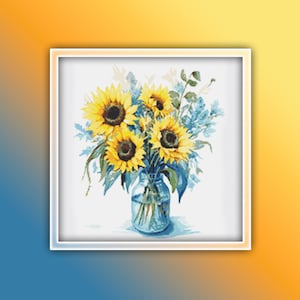 Sunflower Cross Stitch Pattern 1 Instant PDF Download - Sunflowers Watercolor Cross Stitch Pattern - Yellow Flowers - Happy Flowers