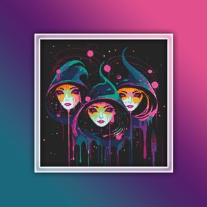 May include: Three stylized faces with colorful paint dripping down from their hoods against a black background with white stars.