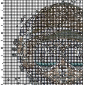 May include: A cross-stitch pattern for a cat playing a musical instrument. The pattern is in black and white and shows the cat sitting on a chair with a musical instrument in its paws. The pattern is labeled "Musical Cat 1" and is on page 1 of the pattern.