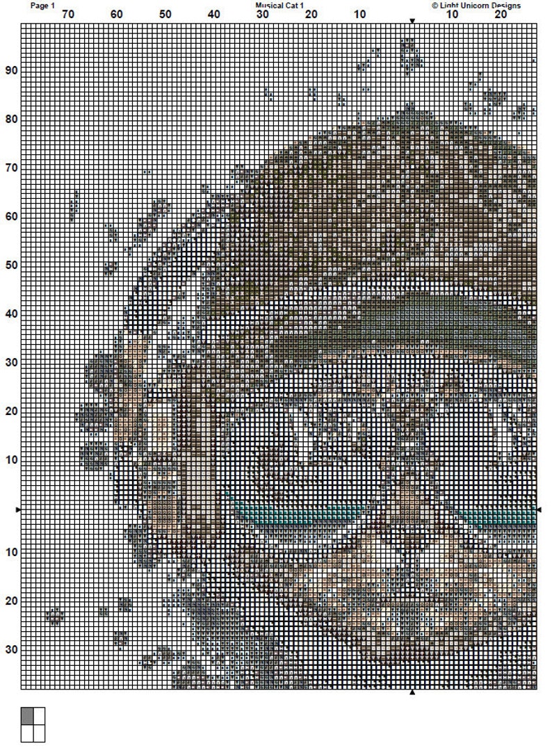 May include: A cross-stitch pattern for a cat playing a musical instrument. The pattern is in black and white and shows the cat sitting on a chair with a musical instrument in its paws. The pattern is labeled "Musical Cat 1" and is on page 1 of the pattern.
