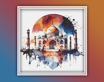 Taj Mahal Cross Stitch Pattern 3 Instant PDF Download - India Watercolor Cross Stitch Pattern - Mausoleum - Agra -