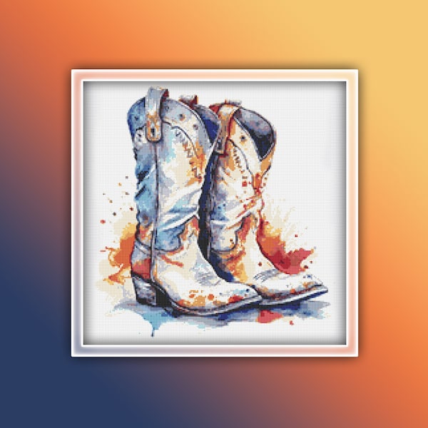 Cowboy Boots Cross Stitch Pattern 3 Instant PDF Download - Sheriff Shoes Watercolor Cross Stitch Pattern - White Cowboy Boots