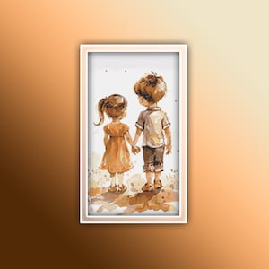 Girl and Boy Cross Stitch Pattern 2 Instant PDF Download - Little Girl and Boy Playing Watercolor Cross Stitch Pattern - Children
