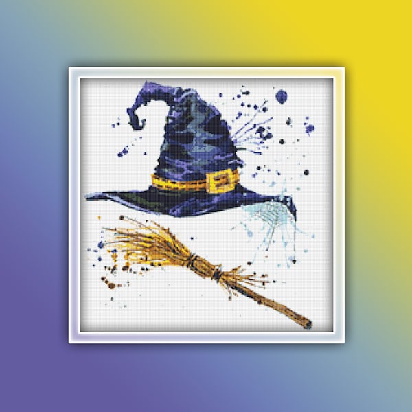 Witch Hat and Broom Cross Stitch Pattern Instant PDF Download - Hat Watercolor Cross Stitch Pattern