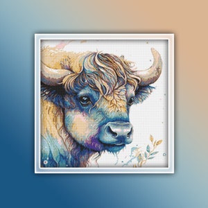 Buffalo Cross Stitch Pattern 8 Instant PDF Download - Watercolor Cross Stitch Pattern - Animal Cross Stitch Pattern - Bison - Baby Buffalo