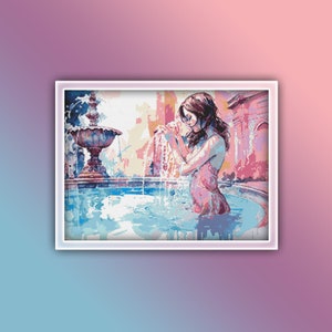 Op de afbeelding: Een vrouw in een roze jurk staat in een zwembad met water, met een fontein op de achtergrond. Het water spettert om haar heen en ze kijkt naar het water.