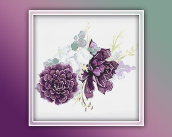 Purple Succulents Cross Stitch Pattern 1 Instant PDF Download - Succulents Watercolor Cross Stitch Pattern