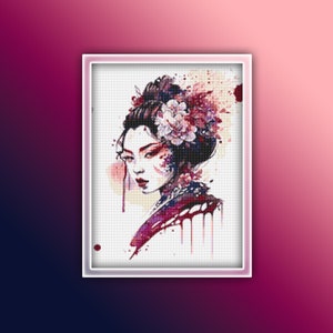 Geisha Cross Stitch Pattern 1 Instant PDF Download - Japanese Woman Watercolor Cross Stitch Pattern - Japanese Courtesan Watercolor