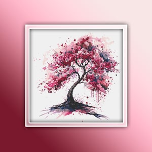 May include: A watercolour painting of a pink tree against a white background. The tree has a dark trunk and branches with pink leaves. There are pink and purple watercolour splatters around the tree.