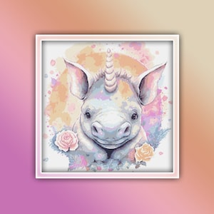 Rhino Cross Stitch Pattern 3 Instant PDF Download - Rhinoceros Watercolor Cross Stitch Pattern - Baby Rhino Cross Stitch Pattern