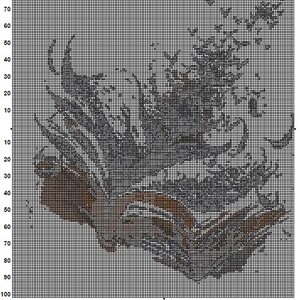 May include: A black and white cross-stitch pattern with a detailed design of a bird in flight. The pattern is on a grid with numbers for each square.