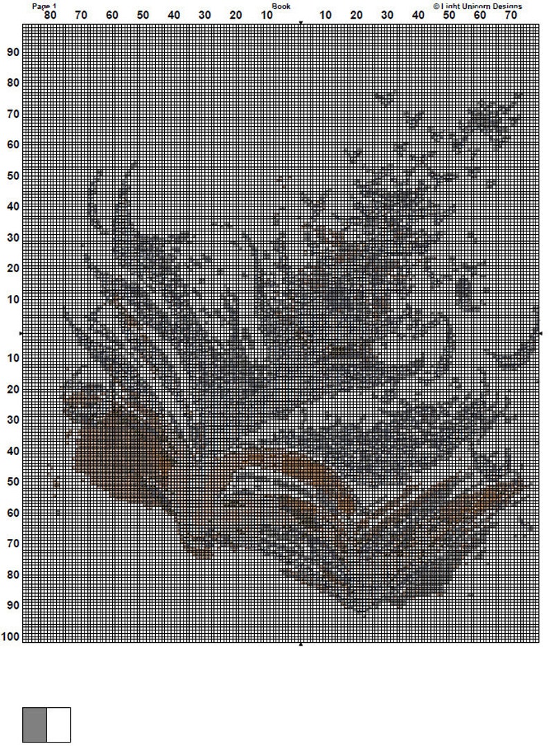 May include: A black and white cross-stitch pattern with a detailed design of a bird in flight. The pattern is on a grid with numbers for each square.