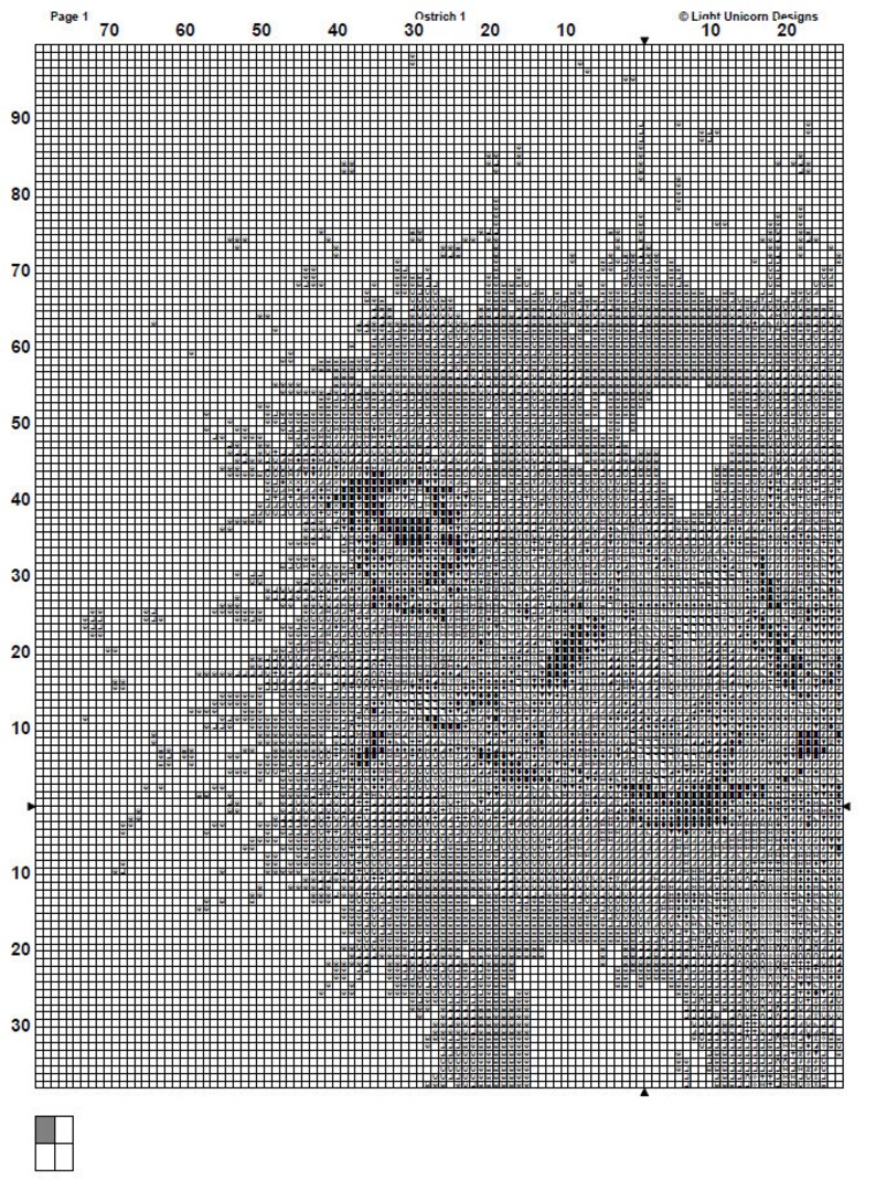 May include: A cross-stitch pattern chart in grayscale, featuring a complex design within a grid. The chart has numbered axes and includes the text "Page 1" and "Ostrich 1". The designer's name, "Light Unicorn Designs", is also visible.