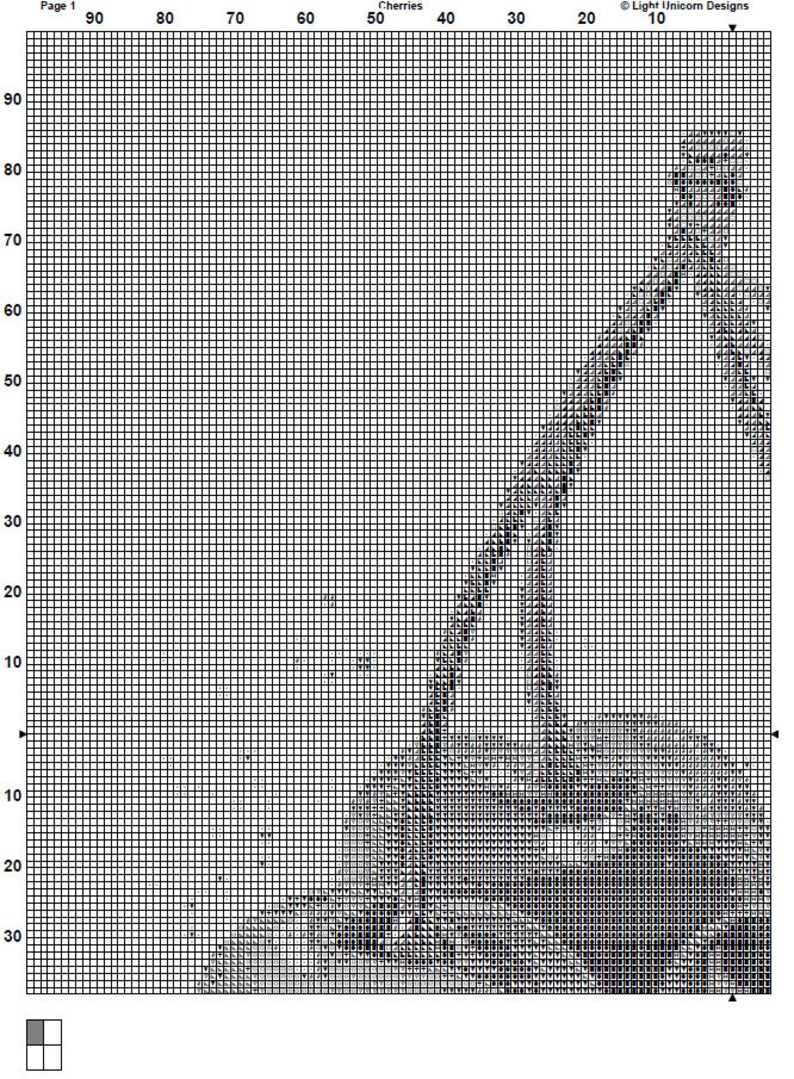 Puede incluir: Patr&oacute;n de punto de cruz con un fondo de cuadr&iacute;cula. El dise&ntilde;o presenta una imagen detallada de cerezas, con el texto "Cherries" y "Light Unicorn Designs" visibles. El n&uacute;mero de p&aacute;gina es "Page 1".