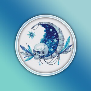 May include: A blue and white crescent moon with stars and a skull, surrounded by feathers, is embroidered on a white background.