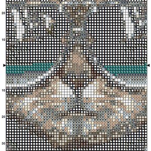 May include: A cross-stitch pattern for a musical cat. The pattern is in black and white with some brown, gray, and teal accents. The pattern is on a white background and is labeled "Musical Cat 1".